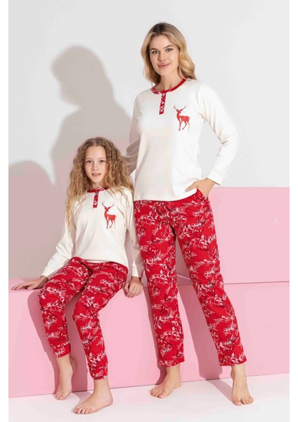 Anne-Kız Kombin Yapılabilir Uzun Kollu Geyik Desenli Interlok Aile Bağı Pijama TAKIMI-3214