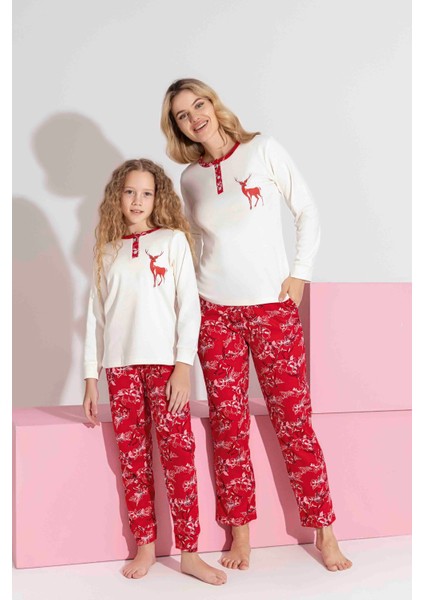 Anne-Kız Kombin Yapılabilir Uzun Kollu Geyik Desenli Interlok Aile Bağı Pijama TAKIMI-3214 fiyatları