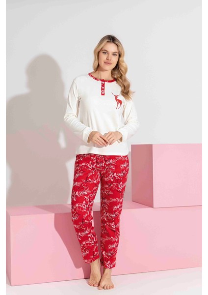 Anne-Kız Kombin Yapılabilir Uzun Kollu Geyik Desenli Interlok Aile Bağı Pijama TAKIMI-3214 modelleri