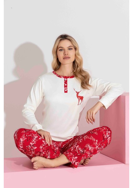 Anne-Kız Kombin Yapılabilir Uzun Kollu Geyik Desenli Interlok Aile Bağı Pijama TAKIMI-3214 indirimleri