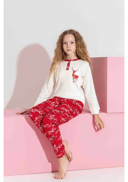Anne-Kız Kombin Yapılabilir Uzun Kollu Geyik Desenli Interlok Aile Bağı Pijama TAKIMI-3214