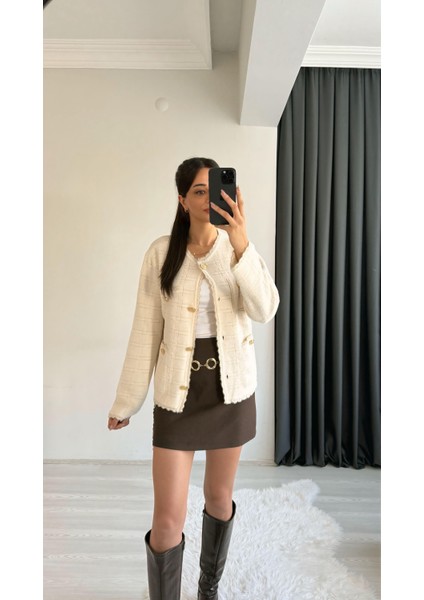 Sammy Premium Gold Geçişli Triko Hırka Ceket Krem