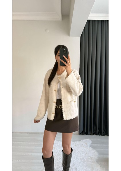 Sammy Premium Gold Geçişli Triko Hırka Ceket Krem fiyatları