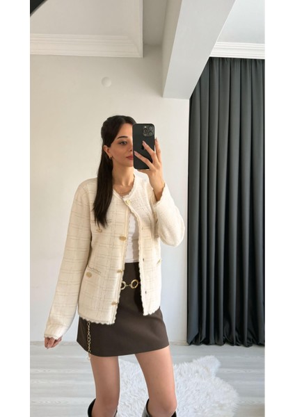 Sammy Premium Gold Geçişli Triko Hırka Ceket Krem modelleri