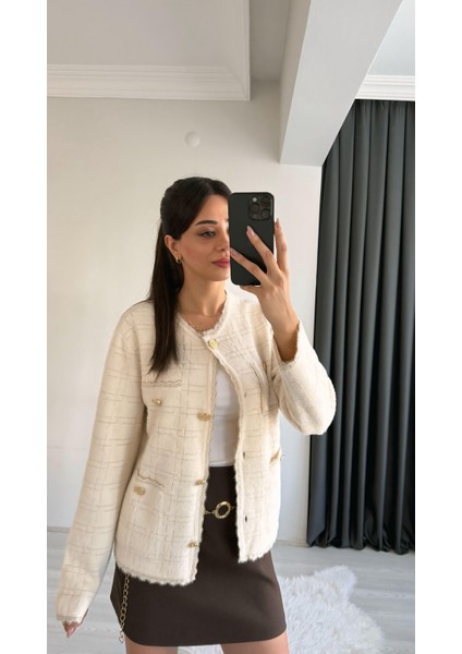 Sammy Premium Gold Geçişli Triko Hırka Ceket Krem fırsatları