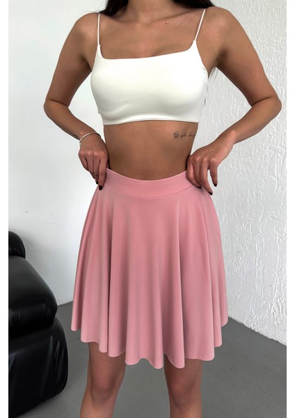 Kadın Kloş Model Volanlı Yumuşak Dokulu Esnek Beli Lastikli Sandy Kumaş Içi Şortlu Etek