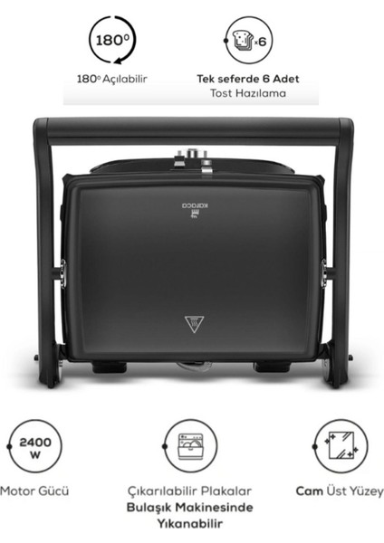 5 Kademeli Yanmaz Cam Yüzeyli Izgara ve Tost Makinesi, Çıkarılabilir Plakalar