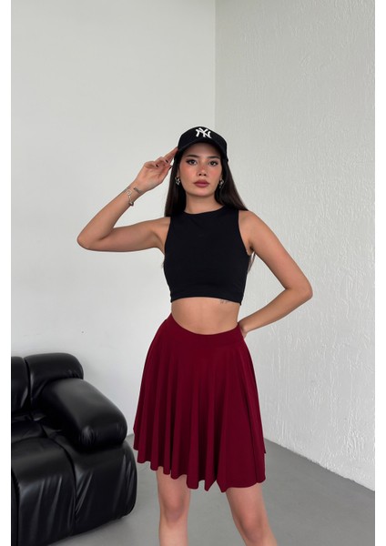 Kadın Kloş Model Volanlı Yumuşak Dokulu Esnek Beli Lastikli Sandy Kumaş Içi Şortlu Etek