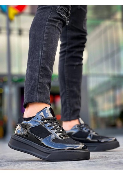 Zrn-X8 Premium Yüksek Taban Günlük Erkek Spor Ayakkabı Siyah Rugan modelleri