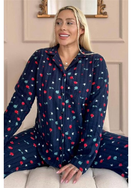 Lacivert Yıldız Desenli Önden Düğmeli Peluş Polar Pijama Takımı