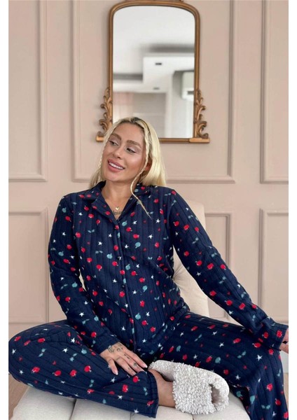 Lacivert Yıldız Desenli Önden Düğmeli Peluş Polar Pijama Takımı fırsatları