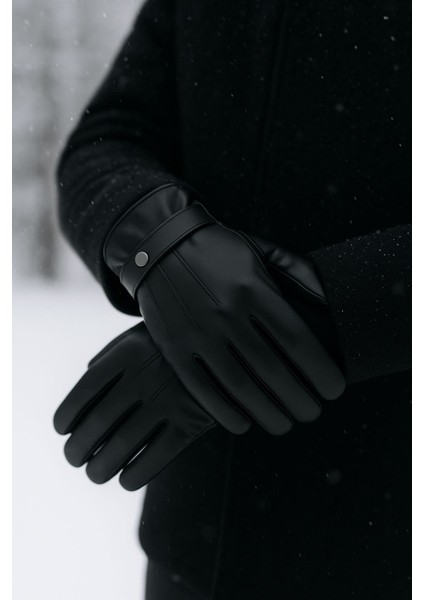 Erkek Siyah Suni Deri Içi Polarlı Eldiven - Standart Beden