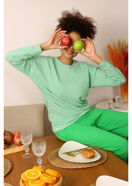Kadın Uzun Kol 3 Iplik Penye Pijama Takım Yeşil