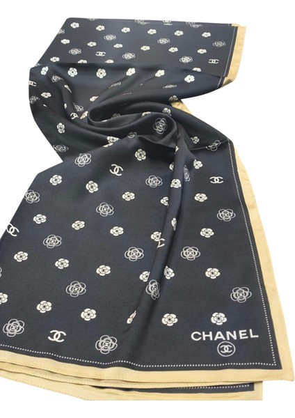 C Desen Logo Model Vual Ipek Şal Siyah Bej