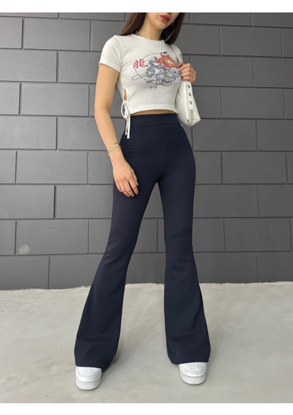 Kadın Esnek Likralı Yüksek Bel Iç Göstermez Krep Toparlayıcı Ispanyol Paça Tayt Pantolon