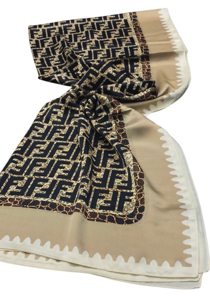 F Desen Vual Ipek Şal Bej Siyah