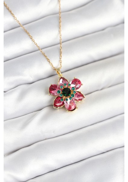 316L Çelik Zincirli Pembe Çiçek Model Kadın Kolye - TJ-BKO10597
