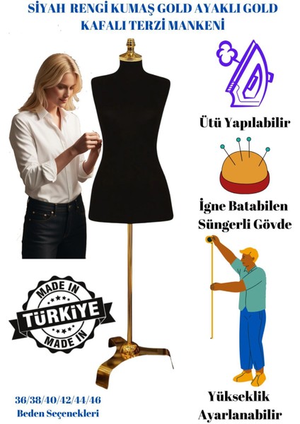 40 Beden Göz Alıcı ve Pratik Çözüm - Gold Ayaklı İğne Batabilen Süngerli Terzi Mankeni