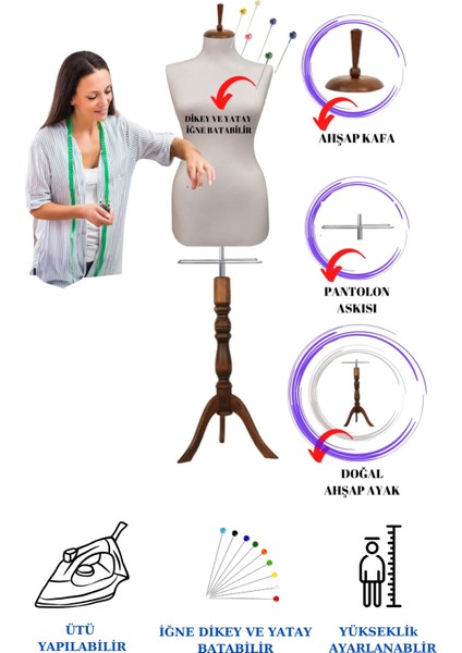Ahşap Ceviz Ayaklı 36 Beden Beyaz Kumaşlı Terzi Mankeni Vitrin Mankeni Iğne Batmaz