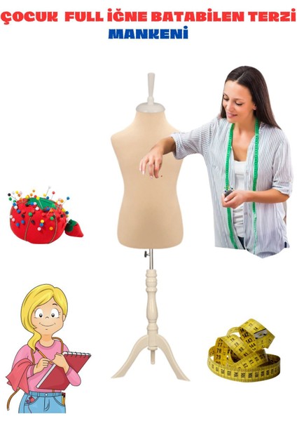 8 Yaş Çocuk Beyaz Üç Ayaklı Krem Kumaşlı Terzi Mankeni
