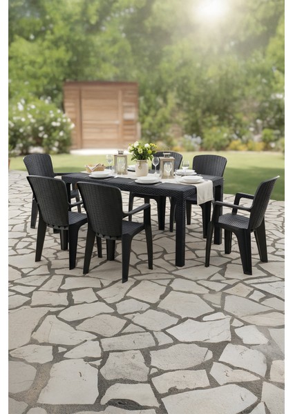 Side 6 Kişilik Rattan Masa Sandalye Takımı Siyah
