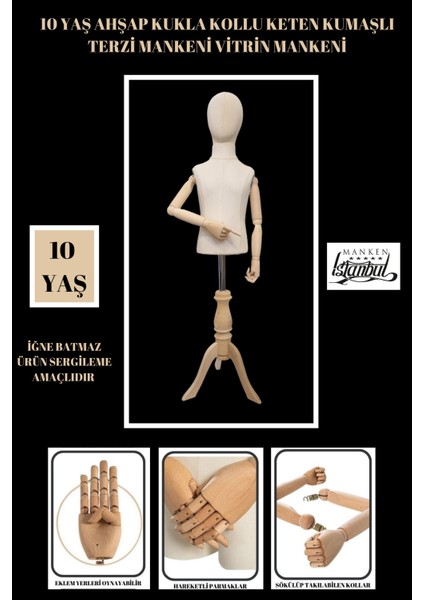 10 Yaş Keten Kumaşlı Ahşap Kollu Kumaş Kafalı Çocuk Terzi Mankeni Vitrin Mankeni