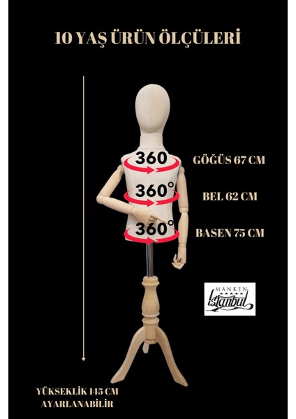 10 Yaş Keten Kumaşlı Ahşap Kollu Kumaş Kafalı Çocuk Terzi Mankeni Vitrin Mankeni fiyatları