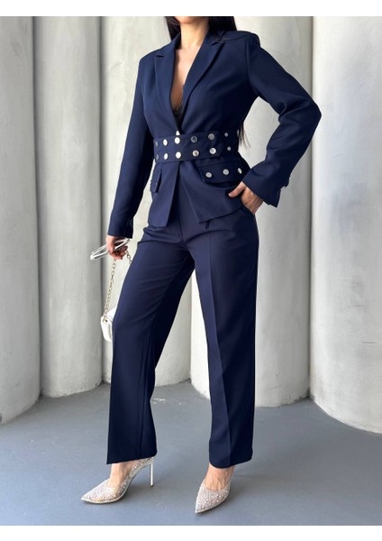 Kadın Zımba Kemerli Ceket ve Pantolon Ikili Takım