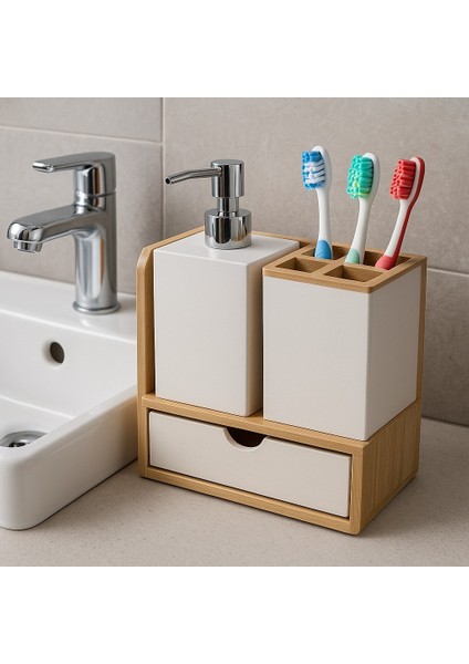 Bambu Tabanlı Plastik Banyo Seti – Sıvı Sabunluk, Diş Fırçalık ve Çekmeceli Organizer UR-3523