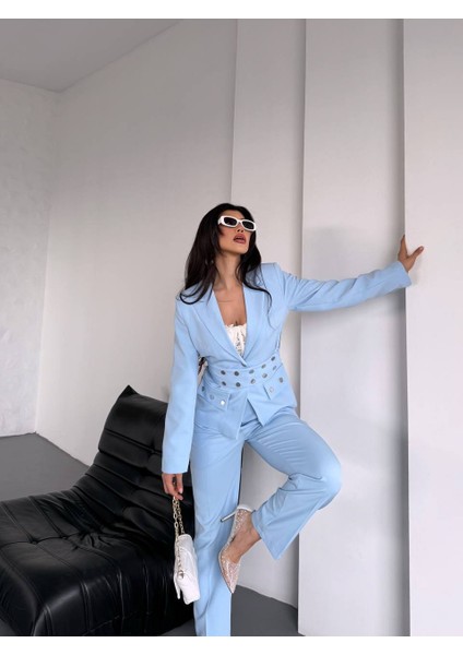 Kadın Zımba Kemerli Ceket ve Pantolon Ikili Takım