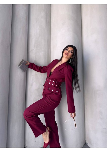 Kadın Zımba Kemerli Ceket ve Pantolon Ikili Takım