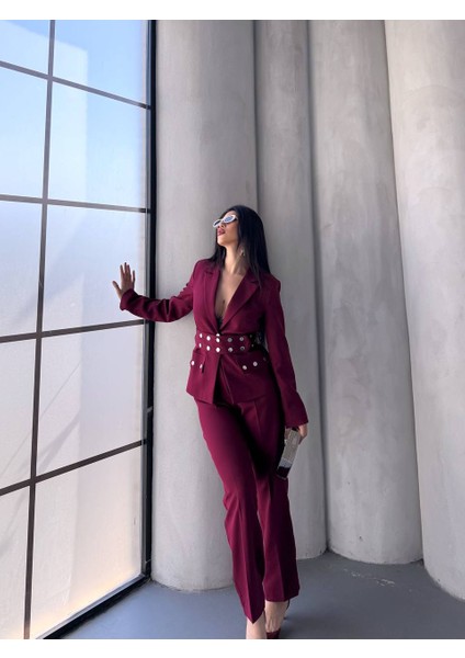 Kadın Zımba Kemerli Ceket ve Pantolon Ikili Takım fiyatları