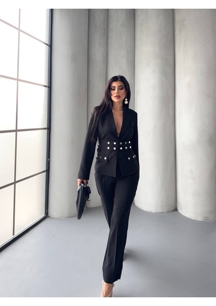 Kadın Zımba Kemerli Ceket ve Pantolon Ikili Takım fiyatları