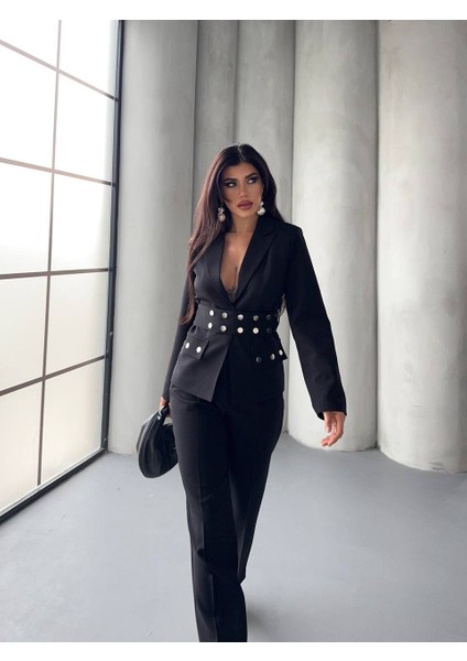 Kadın Zımba Kemerli Ceket ve Pantolon Ikili Takım modelleri