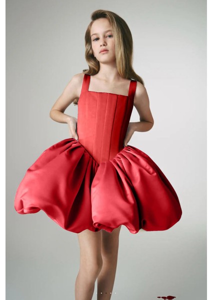 Kız Çocuk Abiye Kare Yaka Balon Etekli Elbise