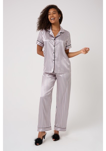 Missayza V.s 2109 Model Çizgili Kısa ve Uzun Kol Saten Pijama Takım
