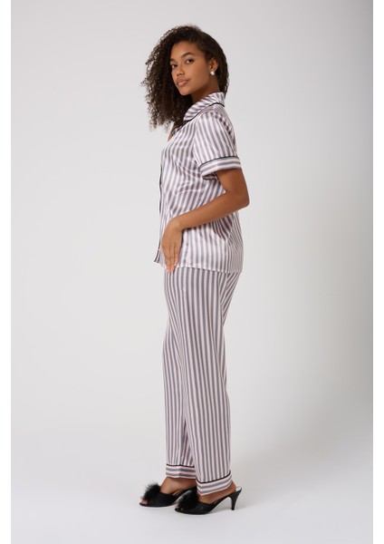 Missayza V.s 2109 Model Çizgili Kısa ve Uzun Kol Saten Pijama Takım fiyatları