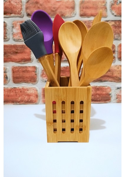 Bambu Standlı - Bambu Saplı Silikon Kaşık Spatula Fırça- Ahşap Kaşık Seti-9 Parça