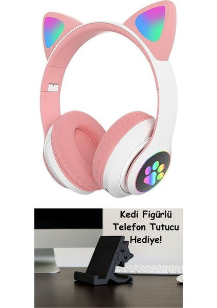 Işıklı Kedi Kulaklı Kablosuz Bluetooth Kulaklık – Çocuklar Için Katlanabilir, Derin Baslı Hifi Stereo, Tf Kart ve Aux Girişli, Kız/erkek Uyumlu