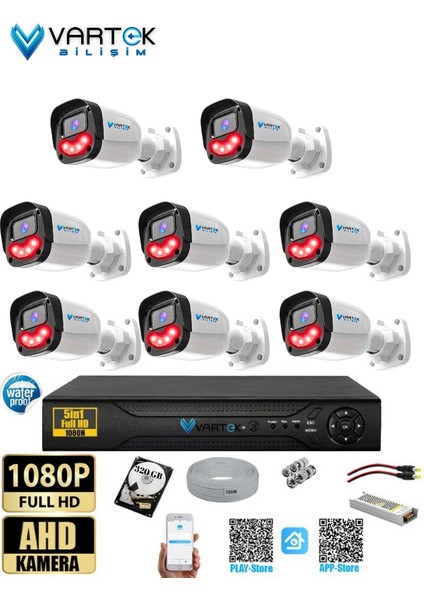 8’li 5mp Full Hd 1080P Güvenlik Kamera Seti Gece Görüşlü Tak Çalıştır Ip Gerektirmez Sugeçirmez Set