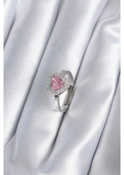 Pirinç Gümüş Renk Pembe Zirkon Taşlı Charm Model Kadın Yüzük