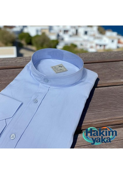 Linen Keten Klasik %100 Cotton Uzun Kollu Terletmeyen Hakim Yaka Mavi Gömlek (Regular Kalıp)