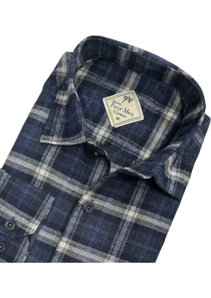 Klasik %100 Cotton Uzun Kollu Terletmeyen Kışlık Flanel Kumaş Lacivert Gömlek (Regular Kalıp)