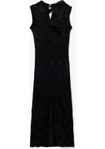 Pencere Detaylı Kolsuz Dik Yaka Uzun Kalem Kadife Elbise indirimleri