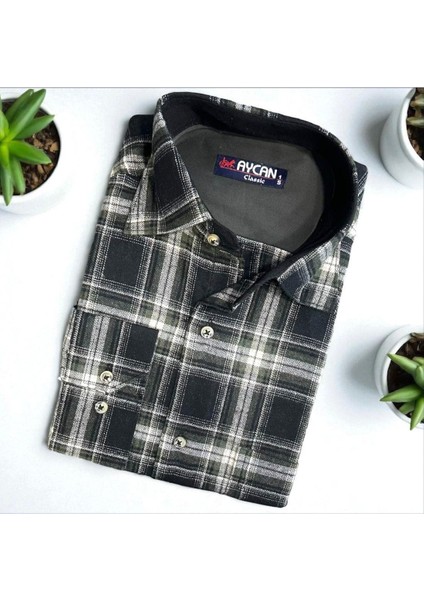 Klasik %100 Cotton Uzun Kollu Terletmeyen Kışlık Flanel Kumaş Siyah Gömlek (Regular Kalıp)