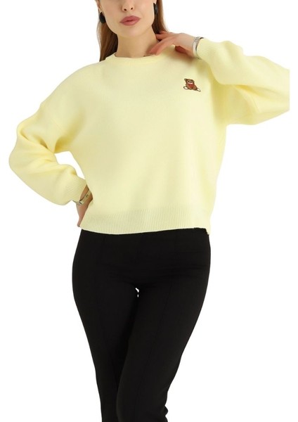 Pullover Sarı Ayıcık Detaylı Kışlık Kazak