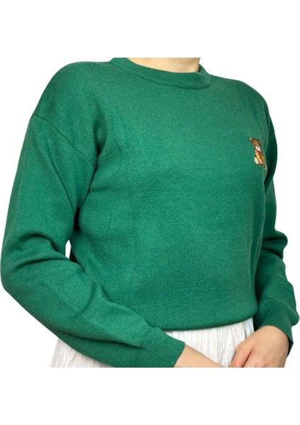 Pullover Zümrüt Ayıcık Detaylı Kışlık Kazak