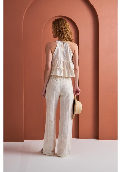 Fırfır Volanlı Halter Yaka Üst ve Bol Paça Pantolon Takım fiyatları