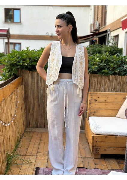 Bej Kadın Müslin Kumaş Nakışlı Yelek Bağcıklı Pantolon Takım modelleri