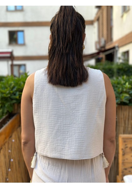 Bej Kadın Müslin Kumaş Nakışlı Yelek Bağcıklı Pantolon Takım fırsatları